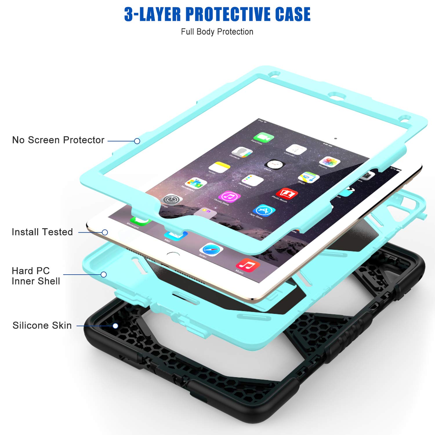 New iPad 9.7 Inch 2018/2017 Case,Heavy Duty Shock-Absorption Rugged Hybrid Protective Case with Kickstand for iPad 9.7 2018/2017 A1893/A1954/A1822,/A1823 (Light Blue)