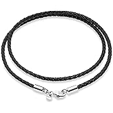 Miabella Genuine 3mm Black Braided Italian Leather Cord Chain Necklace for Men Women with 925 Sterling Silver Clasp, Made in Italy
