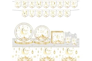 YYBD 170Pcs Eid Mubarak Tablewares Ramadan Mubarak Paper Plates Cups Napkins Plastic Knives Forks Spoons White Glod Moon Tabl