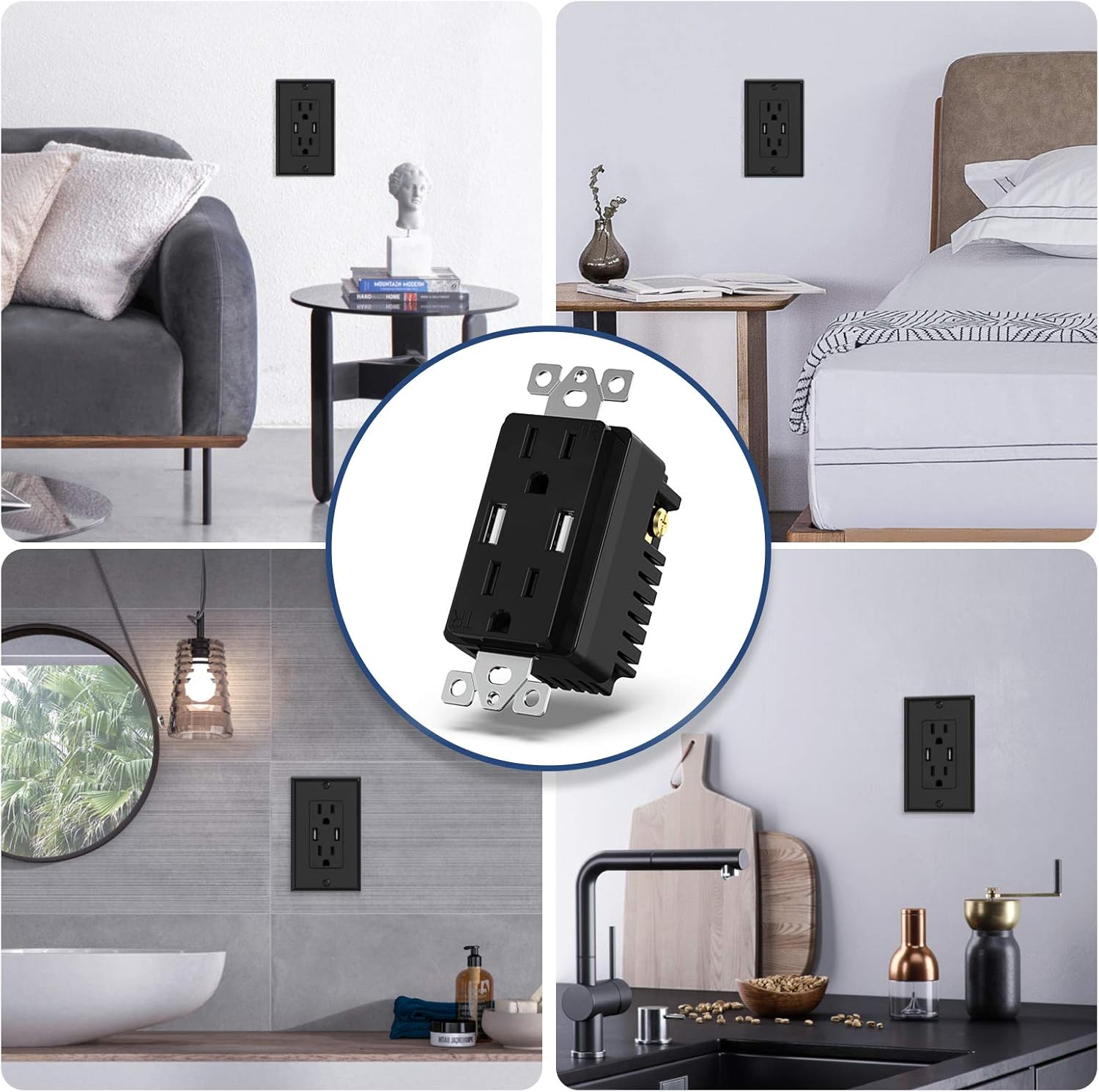 KYHSHJ 3.6A USB Wall Outlet Charger, 15A Tamper-Resistant Receptacles, Compatible with iPhone 11/X/XS/XR/SE/8, LG, HTC Samsung Galaxy S20/S10/S9/Note, More, ETL Certification, Black 1 Pack - - 