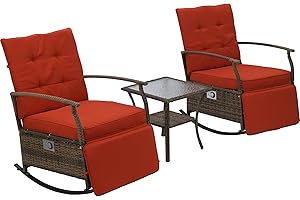CATMIX Outdoor Rocking Chairs, Adjustable Rattan Recliner Chairs PE Wicker Patio Furniture Set Outdoor Recliner Chairs Furniture Set with Soft Thick Cushion, Removable Glass Tabletop, Red