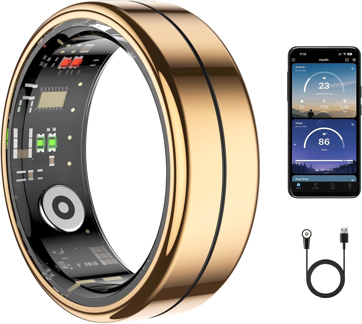 Smart Ring Health Tracker, Health Rings for Women & Men, Long-Lasting Battery Sleep Rings, Fitness & Sleep Monitor Compatible with iOS & Android (Gold, 8)