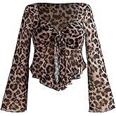 SHENHE Women's Plus Size Leopard Print T Shirt Long Bell Sleeve Tie Front Tee Shirts Sheer Mesh Tops