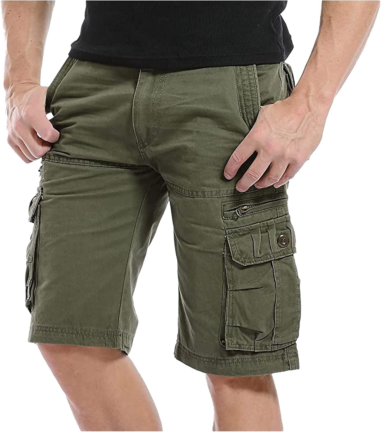 SPE969 Vintage Cargo Shorts for Men Cotton Outdoor Trekking Shorts Pure Color Multi-Pocket 