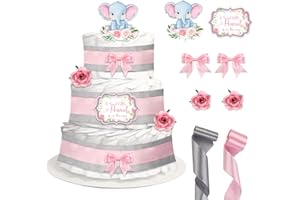 CORNER LACE Baby Shower Pink Elephant Diaper Cake Decorations, Newborn Baby Girl Birthday Party Diaper Cake Supplies Kit, Inc
