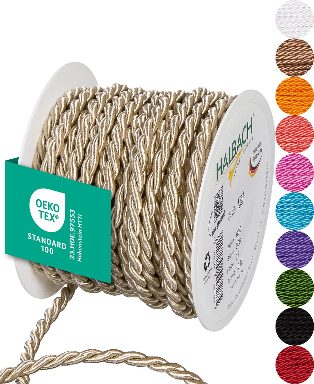 Halbach Seidenbänder Premium Cord (Mother of Pearl) | Width 6 mm Length 10 m | Made in Germany & Oeko-Tex Certified | Shiny Satin Cord Made of Acetate