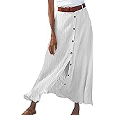 YMING Womens Button Front Flowy Maxi Skirt A Line Cotton Linen Skirts Casual Pleated Long Skirt