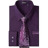 HISDERN Mens Dress Shirt with Tie Pocket Square Set Classic Button Down Shirt Matching Tie Long Sleeve Shirts