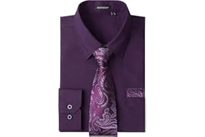 HISDERN Mens Dress Shirt with Tie Pocket Square Set Classic Button Down Shirt Matching Tie Long Sleeve Shirts