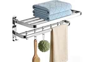 Bathroom Towel Rack, 23 Inch Wall Mounted Foldable Towel Bar with Shelves, Stainless Steel Bathroom Towel Holder for Hotel, D