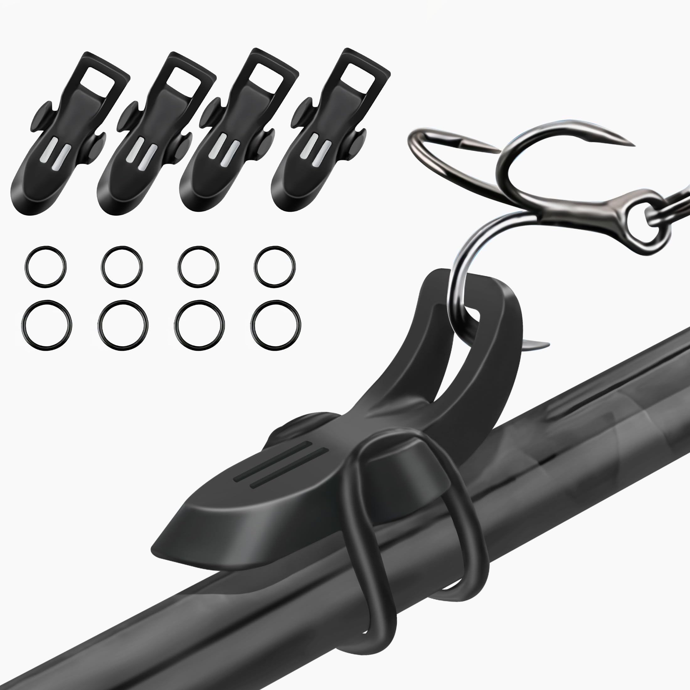 Photo 1 of Fishing Rod Hook Keeper Set, 4 Pack with O-Rings, Magnetic Lure Holder and Rod Protector, Black