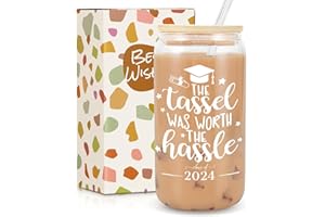FRERDUI Graduation Gifts - Graduation Gifts for Her 2024 - Class of 2024 - The Tassel was Worth The Hassle - Graduation Decorations College Student Gifts New Job Congratulations Gifts - 18oz Glass Coffee Cup
