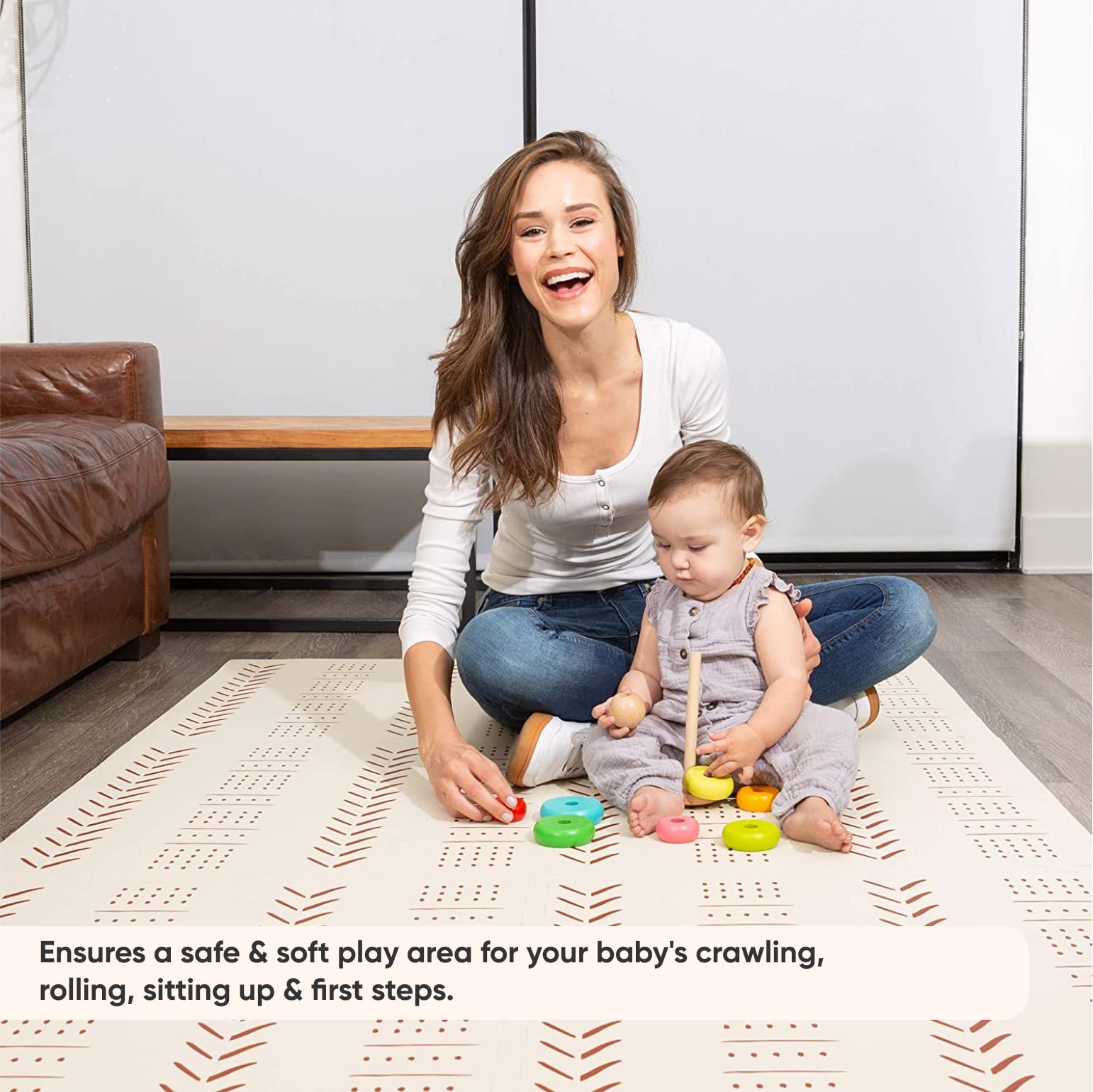 Childlike Behavior XL Baby Play Mat - 72 x 48-Inch Puzzle Play Mat with 6 Foam Floor Tiles - Interlocking Tummy Time Mats for Toddlers and Infants Playpen - Waterproof and Soft Crawling Mats - Beige