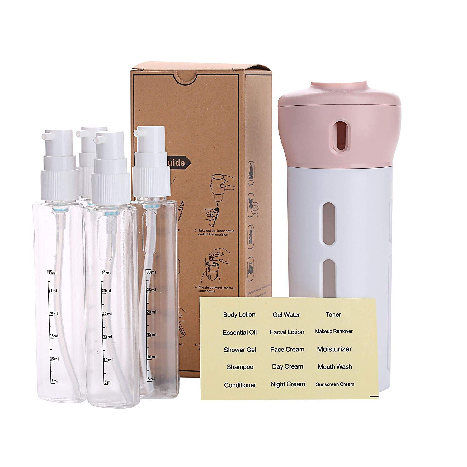 Travel Bottles Set, AIRERA 4-in-1 Organized Leak Proof Travel Size Toiletries, Refillable Travel Liquid/Lotion Container Kit - TSA Approved (Pink)