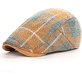Men Wool Blend Flat-Top Tweed Newsboy Hat/Ivy Cap/Adjustable Plaid Driver's Hat