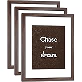 DEKWINN 11x14 Picture Frame Set of 3 with Real Glass for Pictures 8x10 with Mat or 11x14 Without Mat, Wall Gallery or Tabletop display Photo Frames in Walnut