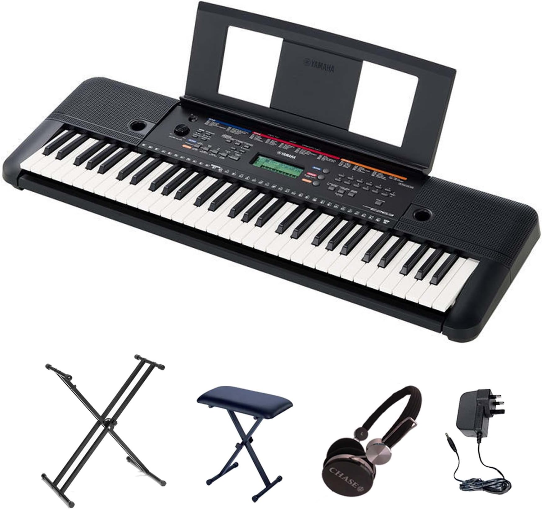 Yamaha PSR-E263 Keyboard Bundle With Double X Stand, Bench & Headphones