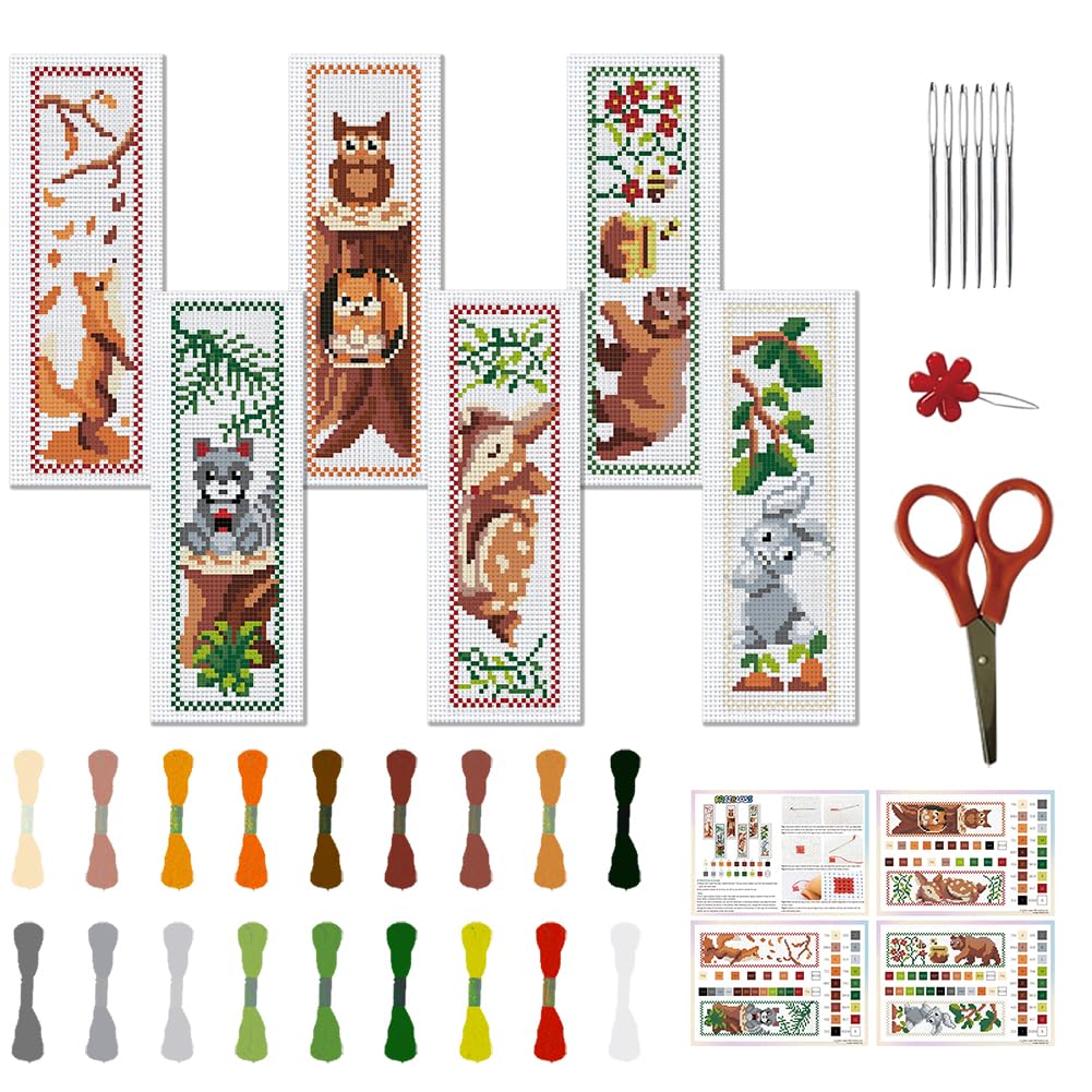 FREEBLOSS 6 Set Cross Stitch Bookmark Stamped Cross Stitch Kit with Cartoon Forest Animal Patterns Embroidery Kit with Instruction DIY Bookmark Kit for Gift Adults 6 * 20CM — image 1