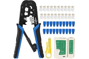 YWNEGWE RJ45 Crimping Tool Kit Ethernet Crimp Set, RJ-11, 6P/RJ-12, 8P/RJ-45 Crimp, Cut and Strip with 20PCS CAT5 CAT5e Connectors, Covers,1 Network Cable Tester 1 Wire Stripper