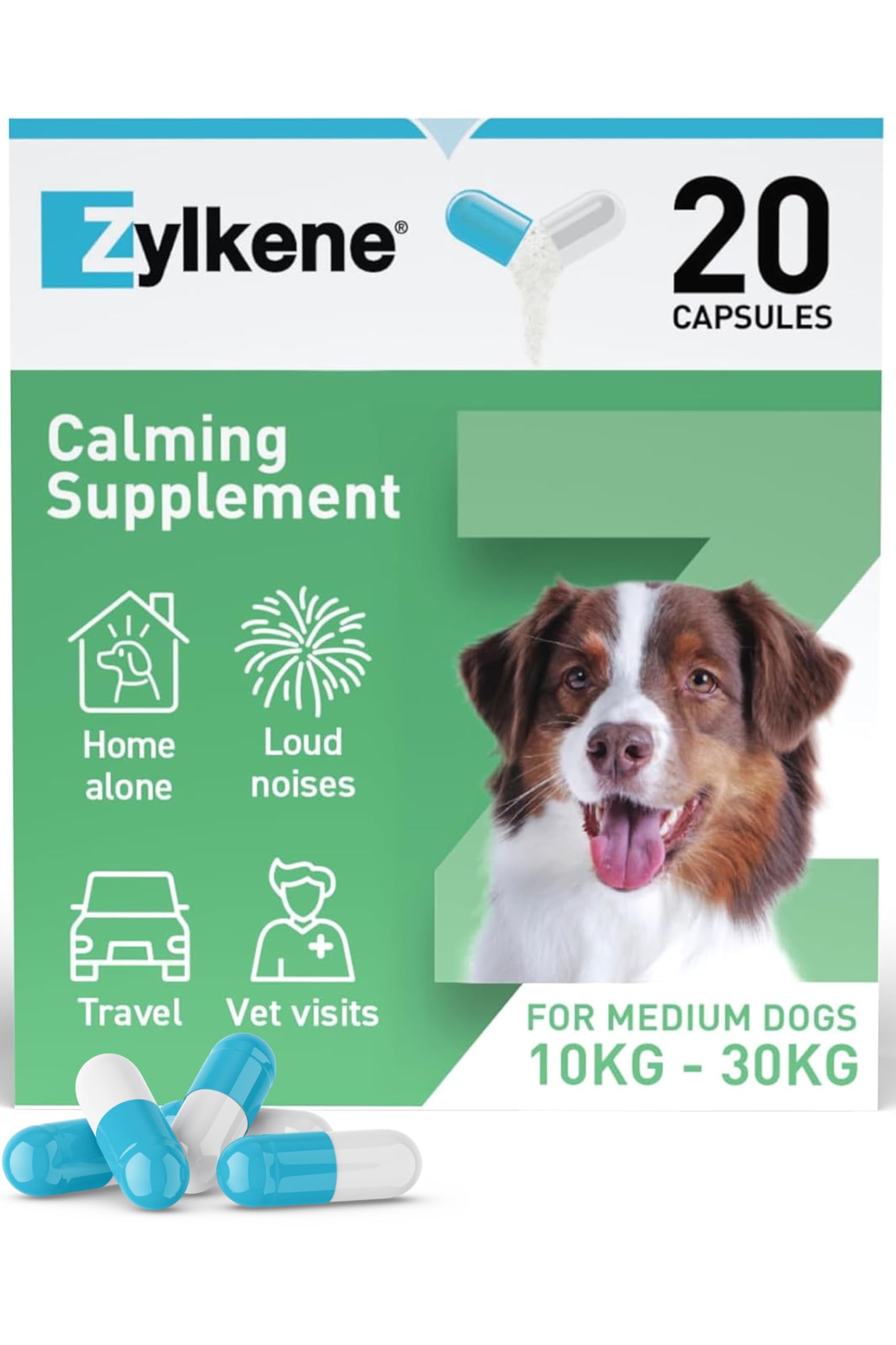 Zylkene Calming Supplements for Medium Dogs (10 to 30kg) 225mg | Promotes Relaxation | Helps Pets cope with short-term challenging situations: Loud Noises | Easily administered | 20 capsules