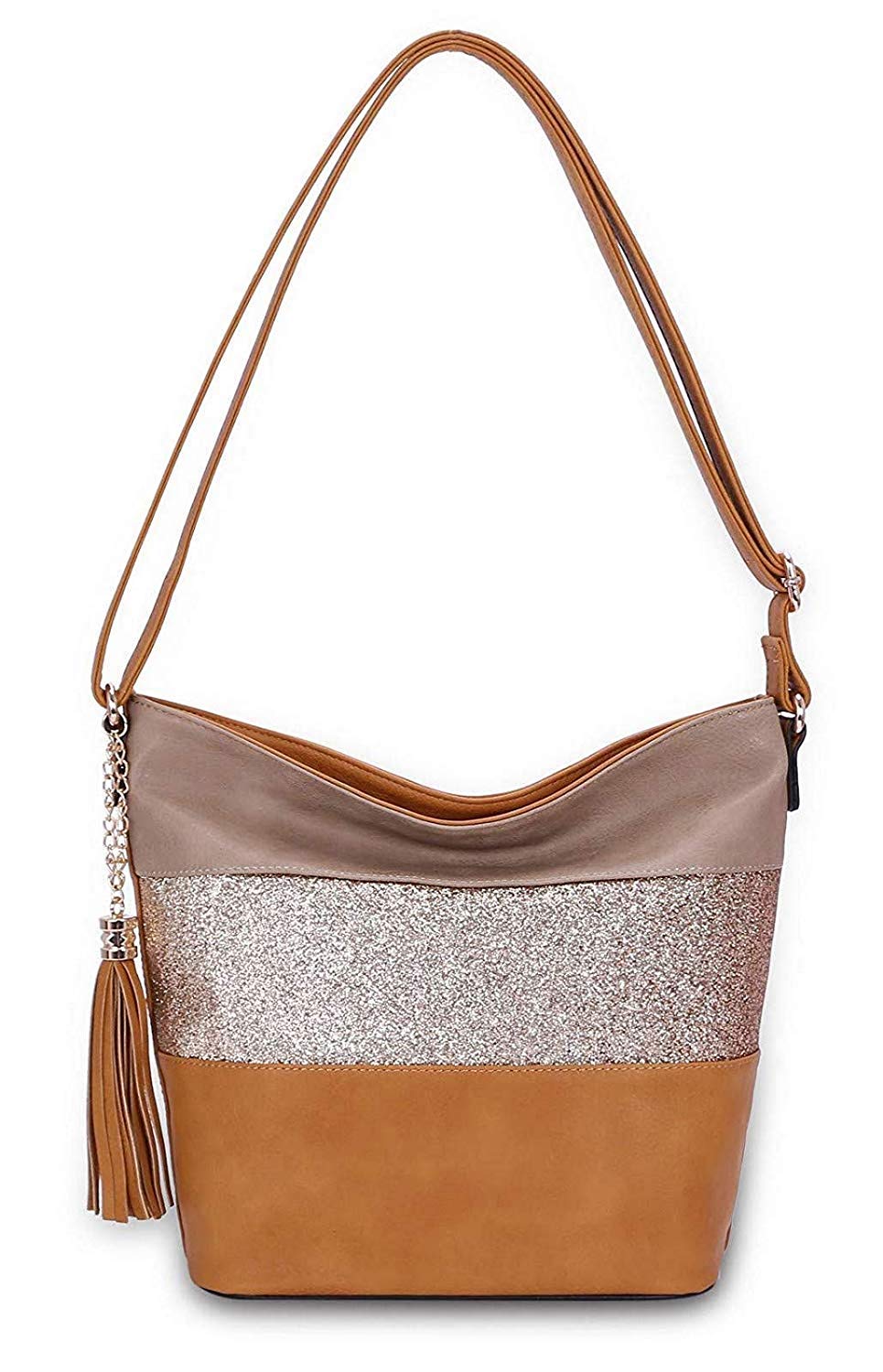 CRAZYCHIC - Women's Glitter Crossbody Bag - Hobo Bucket Bag Striped PU Leather - Shoulder Messenger Handbag Sparkle - Evening Clutch Party Bag - Tote Purse Casual Fashion Travel City - Camel Brown