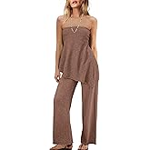 Panadila Womens Off Shoulder Sweater Set 2 Piece Outfits Summer Vacation Knit Matching Lounge Set Tube Top and Pants Set