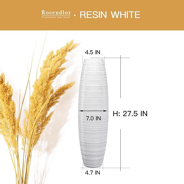 ROCENDLOR TALL FLOOR VASE, 27.5 INCHES (70CM, 2.3FT) FLOOR VASE STURDY AND LUXURIOUS,TALL VASES FOR COUNTRY HOME DECOR, LIVING ROOM, RESIN WHITE VASES