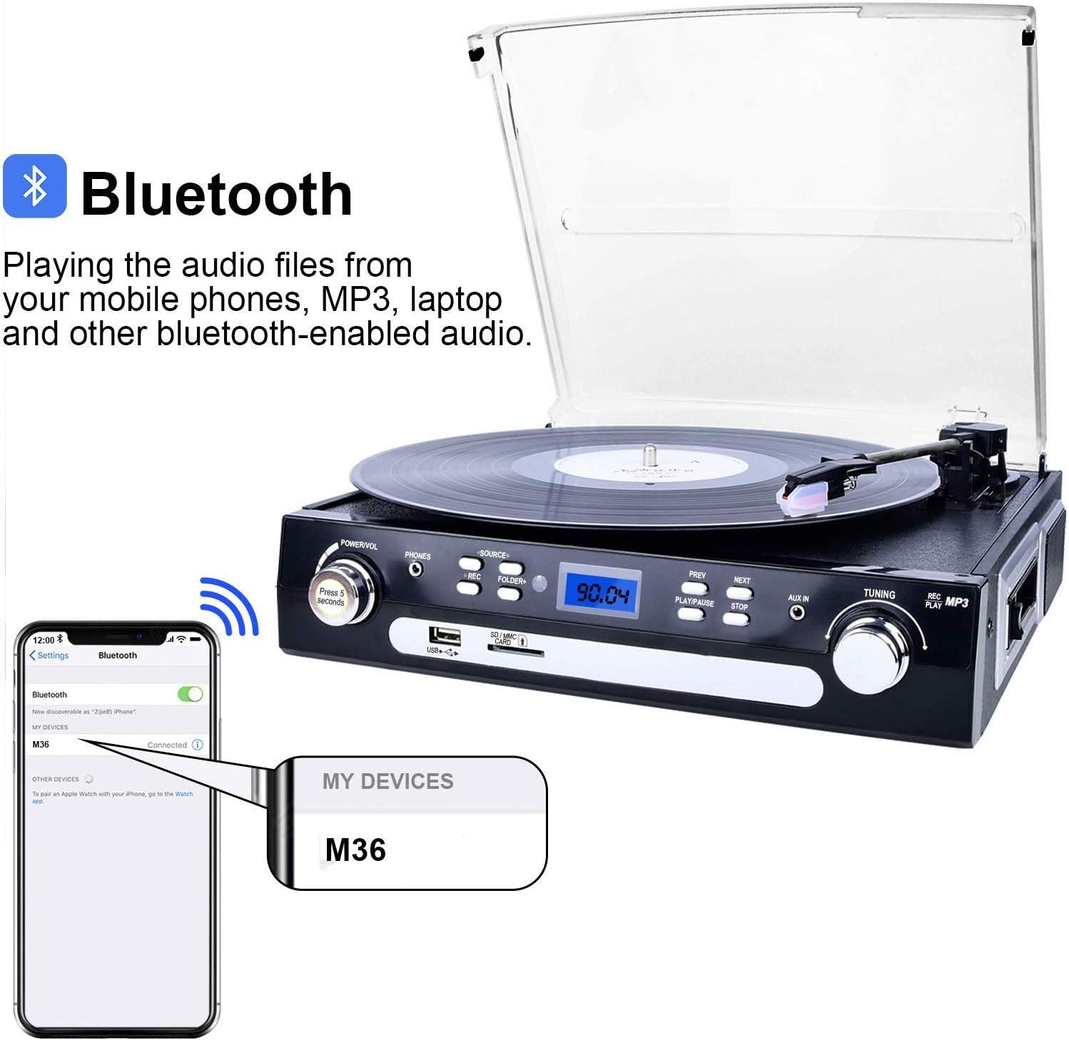 DIGITNOW! Vinyl Record Player, Bluetooth Turntable with Stereo Speakers, Turntable for Vinyl to MP3 with Cassette Play - Image 4