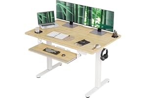 INNOVAR Bamboo Electric Standing Desk, 48×24 Inch Adjustable Desk with Keyboard Tray, Stand up Home Office Desk with Whole-Piece Board, White Frame/Bamboo Top