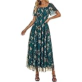 Simplee Womens Floral Maxi Dresses 2026 Spring Square Neck Mesh Short Sleeve Smocked Boho Flowy Wedding Guest Dress