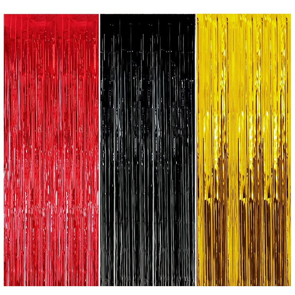 Photo 1 of Birthday Party Supplies, Red Black Gold Fringe Curtains Photo Backdrop for Party Decorations (3 Pack)