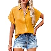 Dokotoo Casual V Neck Button Down Shirts for Women Solid Short Sleeve Blouse Tops