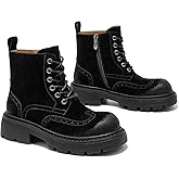 BEAU TODAY Womens Combat Boots, Platform Suede Leather Boots for Women, Lace Up Chunky Lug Sole Ankle Booties, Fashion Side Zipper Short booties