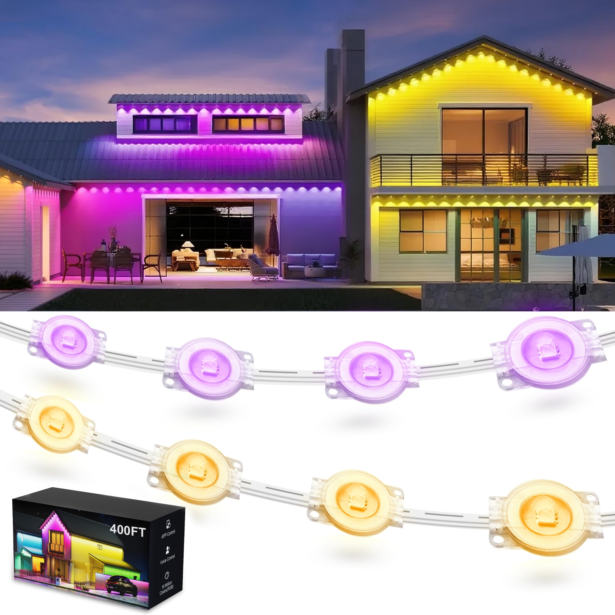 Photo 1 of Fussion 400ft Permanent Outdoor Lights for House, 2025 Smart RGB LED Outside Lights with Remote Control, IP67 Waterproof Eternity Eaves Lighting for Christmas, Halloween, Holiday, Party, Daily