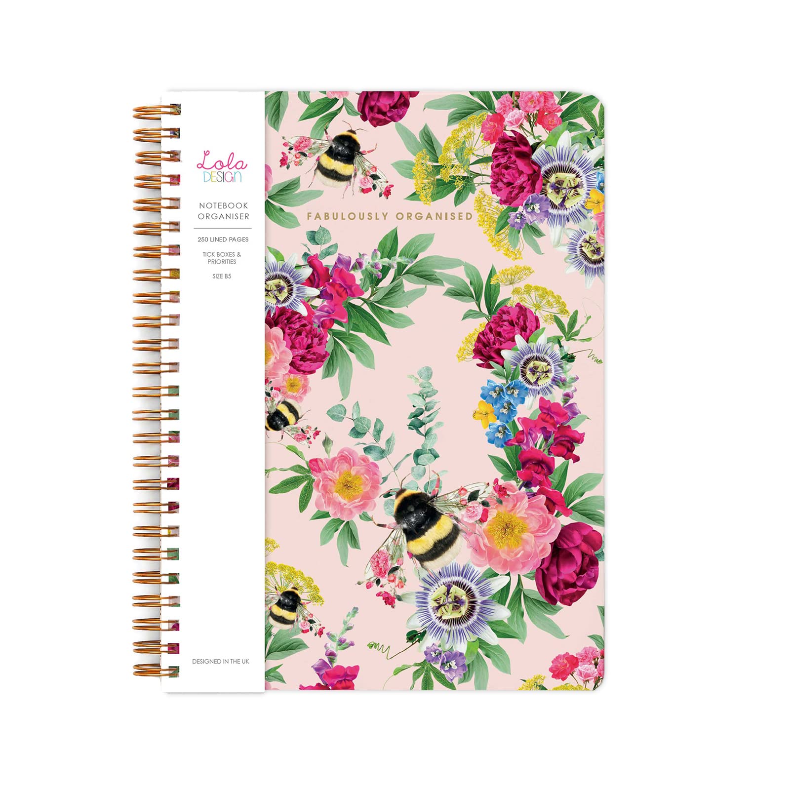 Lola Design - Large Spiral Notebook Organiser, Pink Bee Pattern Design - Planners & Journals - Wiro Bound Notebook with To-Do Lists & Priorities Section - 176x250mm, 250 Lined Pages