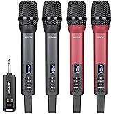 ZERFUN 4 Rechargeable Wireless Microphones, Pro Handheld Cordless Mics System with Echo Treble BASS VOL Control for Karaoke Singing Church Party, 1/4'' Output, Grey&Red