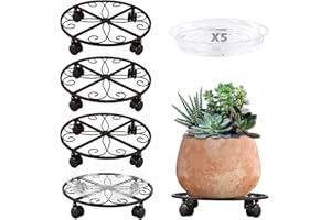 KVYUSFLOURISH 5 Pack Plant Caddy with Wheels Heavy Duty 12 Inches Metal Plant Stand on Wheels Plant dolly Rolling Plant Stand Plant Roller with Casters for Indoor and Outdoor with 5 Pack Plant Saucers, Black