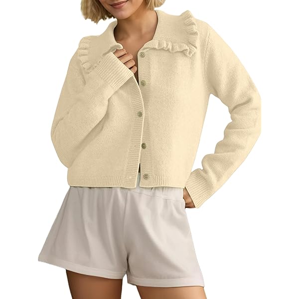 HOCANDY Womens Ruffle Collar Cardigan Sweater Button Up Open