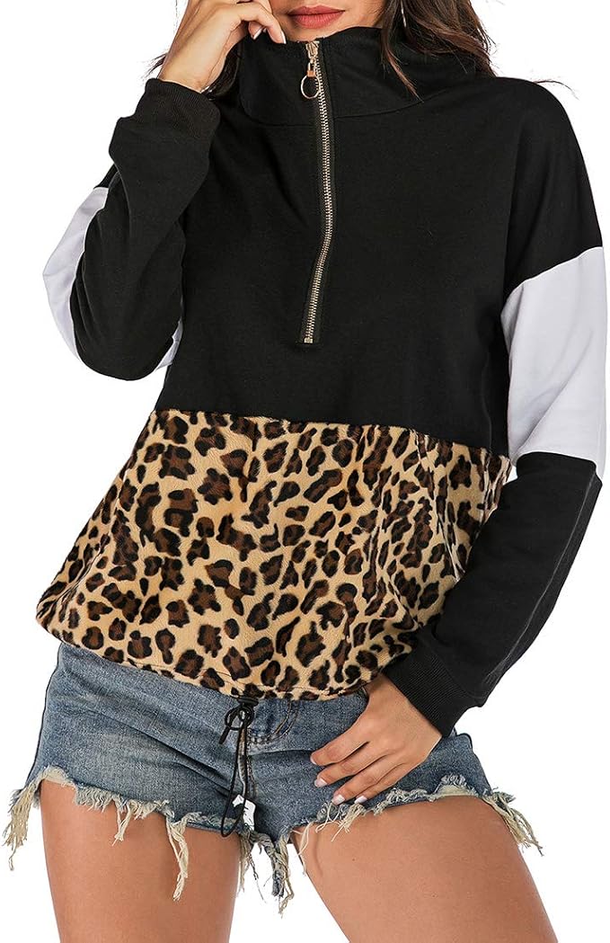 Jacket Women Long Sleeve Sweater Sexy Half Zip Leopard Print Patchwork