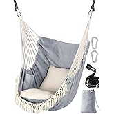 Chihee Hammock Chair Hanging Swing 2 Pillows Included,Strong Webbing Straps and Hooks for Easy Hanging Soft Cotton Hanging Chair Side Pocket Tassel Chair Comfort Indoor Outdoor Light Grey