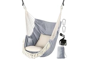 Chihee Hammock Chair Hanging Swing 2 Pillows Included,Strong Webbing Straps and Hooks for Easy Hanging Soft Cotton Hanging Chair Side Pocket Tassel Chair Comfort Indoor Outdoor Light Grey