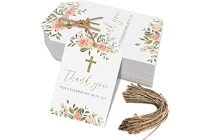 AUKOLASS Baptism Thank You Tags, 50 Pcs Cross Design Thank You for Celebrating with Us Paper Tags for Newborn Baby Shower Birthday (Pink)