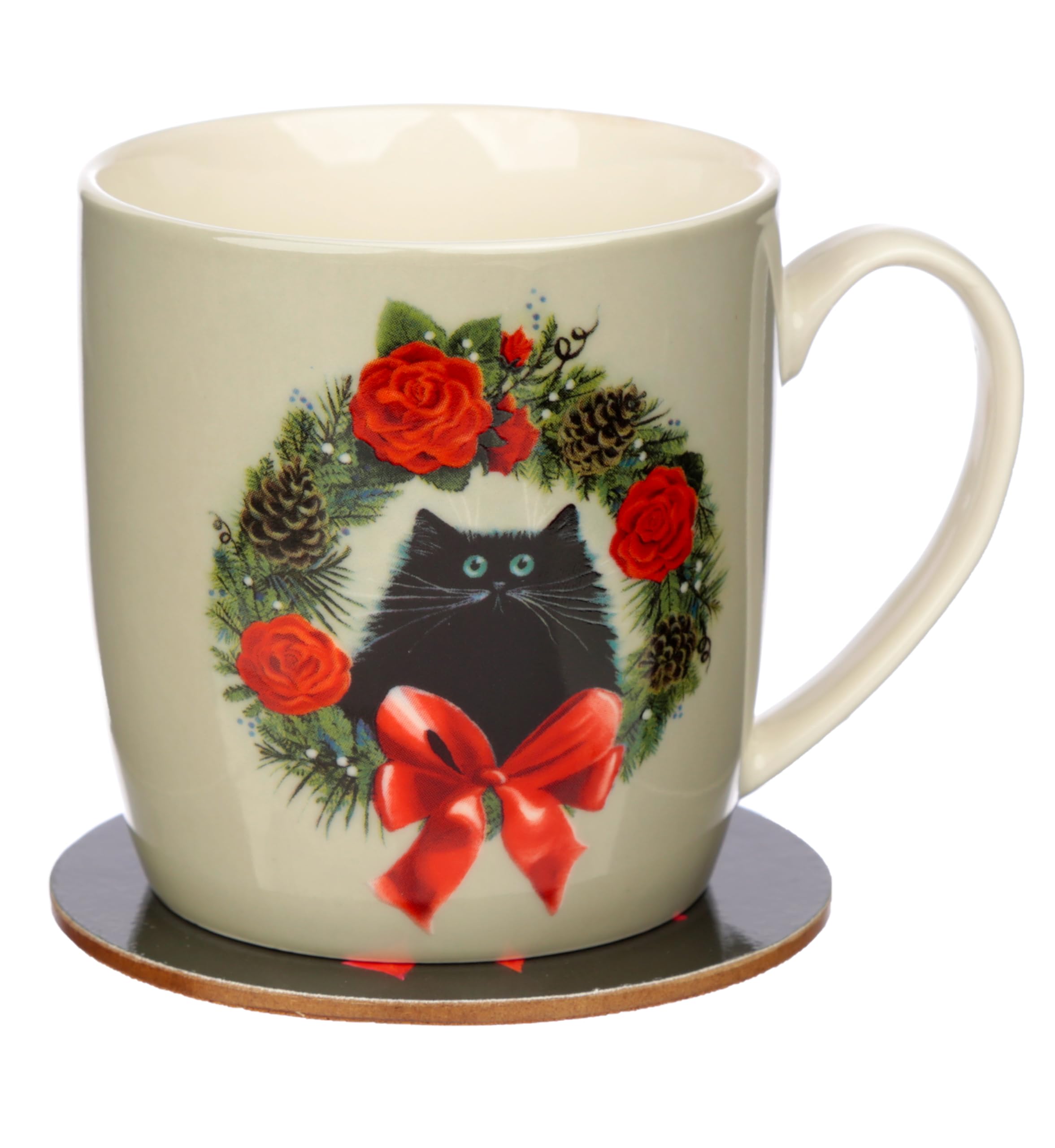 Puckator Kim Haskins Christmas Wreath Cat Porcelain Tea Coffee Mug & Coaster Set Funny Home Accessories Cute Gifts for Girlfriend Large Mugs Men Women Hot Drinks Cups Presents Secret Santa Gift