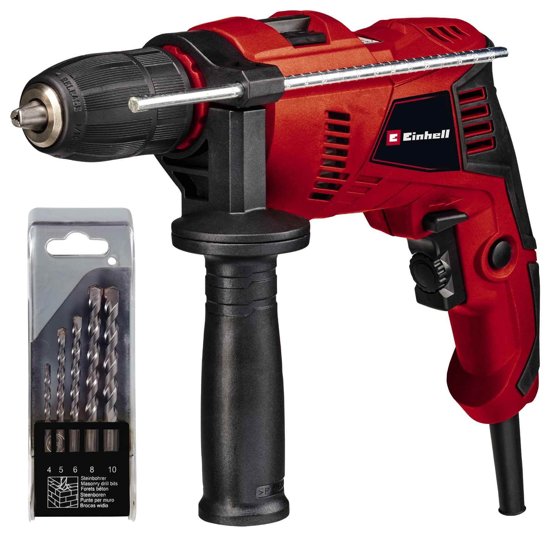 Einhell Impact Drill 550W, Hammer Drill, Auxiliary Handle, Soft Grip, Speed Control, Electric Drill, 3-in-1: Drilling, Percussion Hammer Drilling, Screwing, Includes Storage Case TE-ID 500 E
