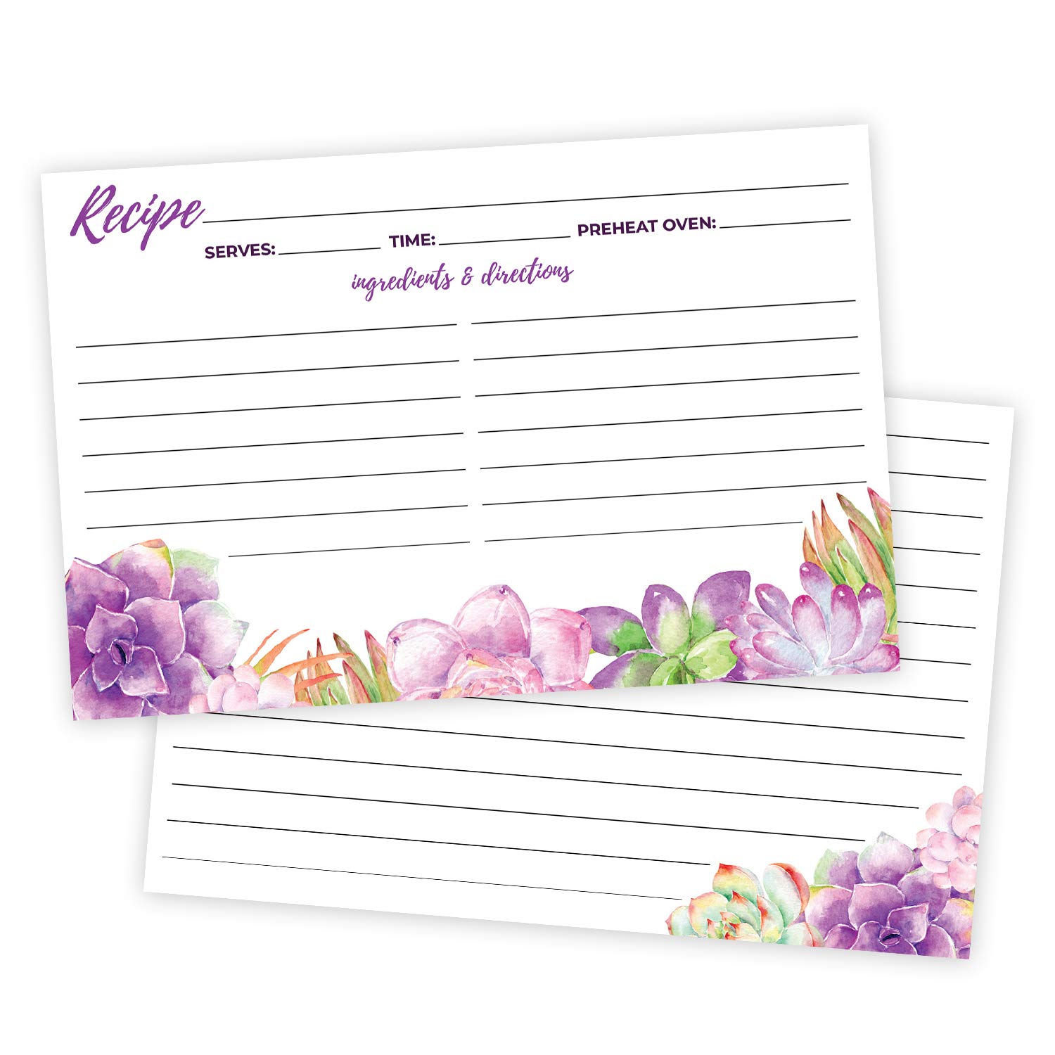 50 Purple Succulent Cactus Flower Thick Double Sided Recipe Cards 4 X 6 Wedding Bridal Shower Card Blank Printable For Binder Or Box Made In The
