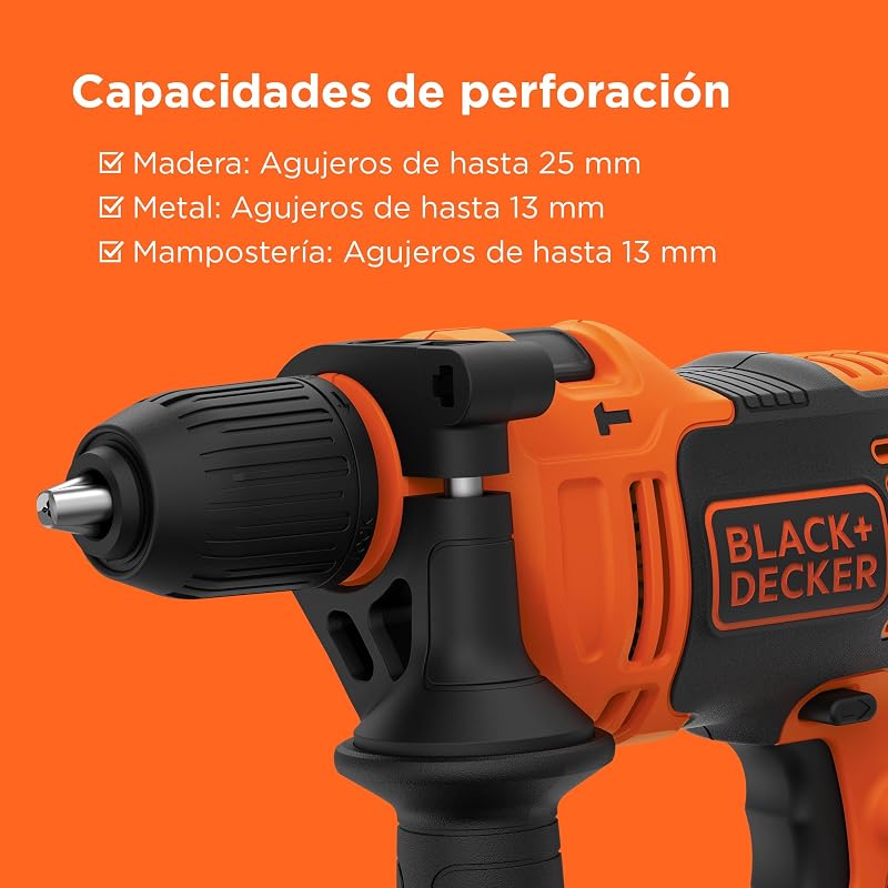 Broca de martelo com fio black + decker beh710k 710 w 13 mm mandril com alça lateral inclui 4 brocas e estojo laranja/preto