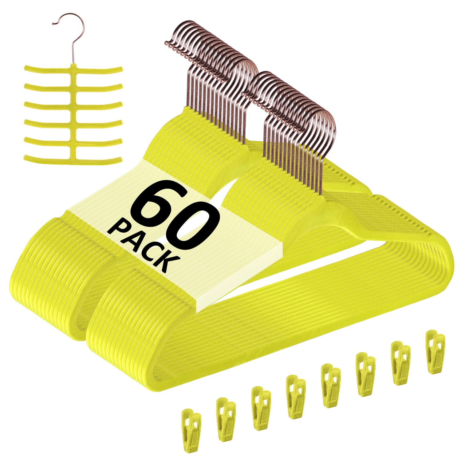 VECELO Premium Velvet Clothes Hangers Suit Heavy Duty (60 Pack)-Non Slip & Space-Saving with 8 Finger Clips & Tie Rack Excellent for Men and Women,Yellow Image