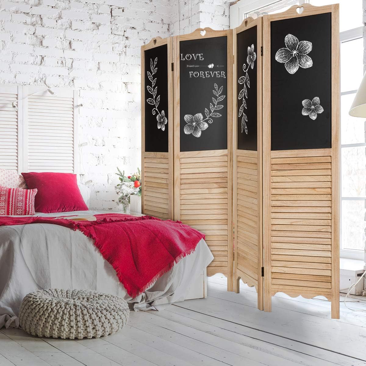 Giantex 5.7 Ft Folding Screen, 4 Panel Screen Room Divider w/Chalkboard Panels, Indoor Room Dividers for Bedroom, Living Room, Office, Restaurant (Natural): Furniture & Decor