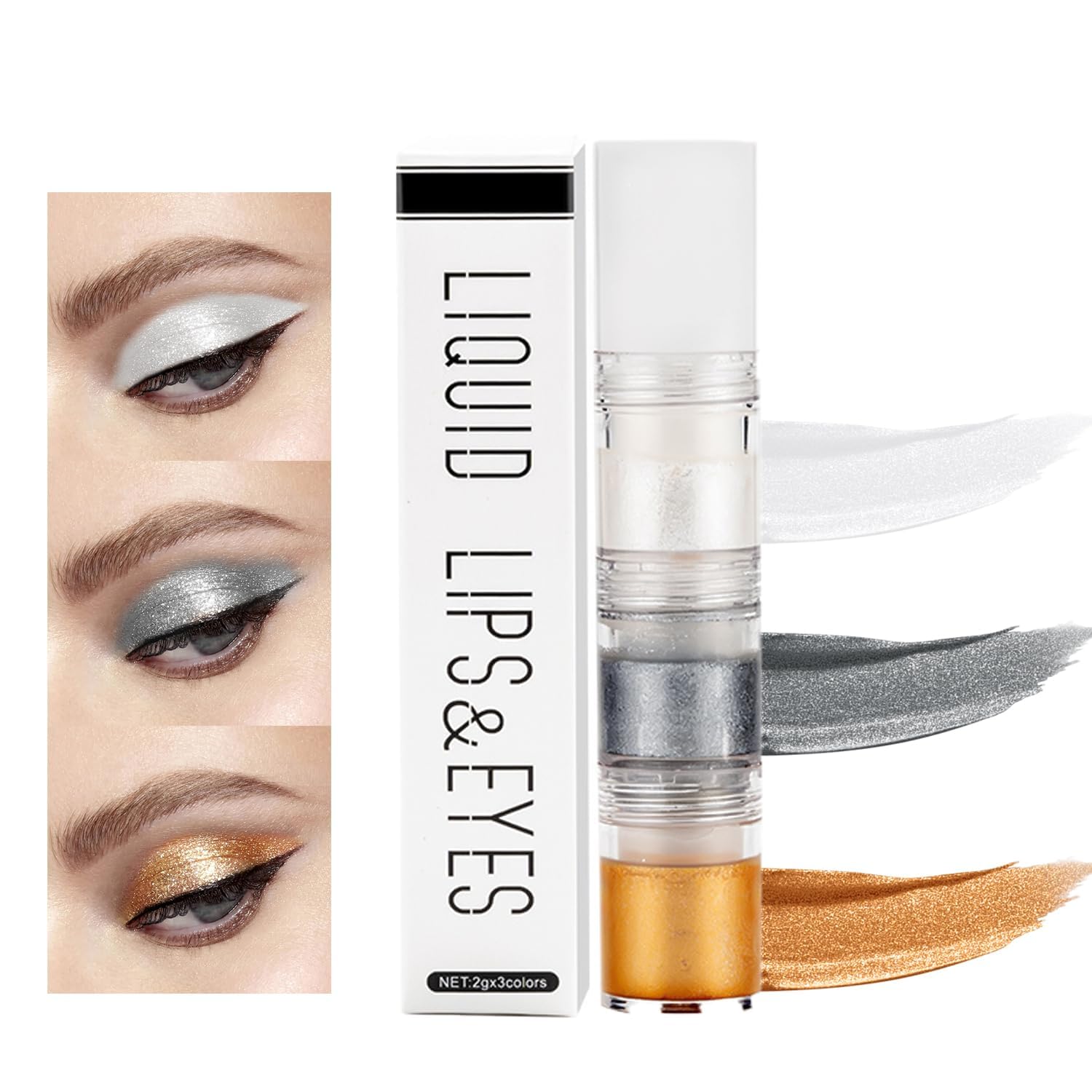 Three-Tone Liquid Glitter Eyeshadow - Silver Grey & Gold Metallic Shimmer High Sparkle Eye Makeup Easy To Apply For Party, Night Out And Daily Wear, Long Lasting Waterproof Formula with Glitter