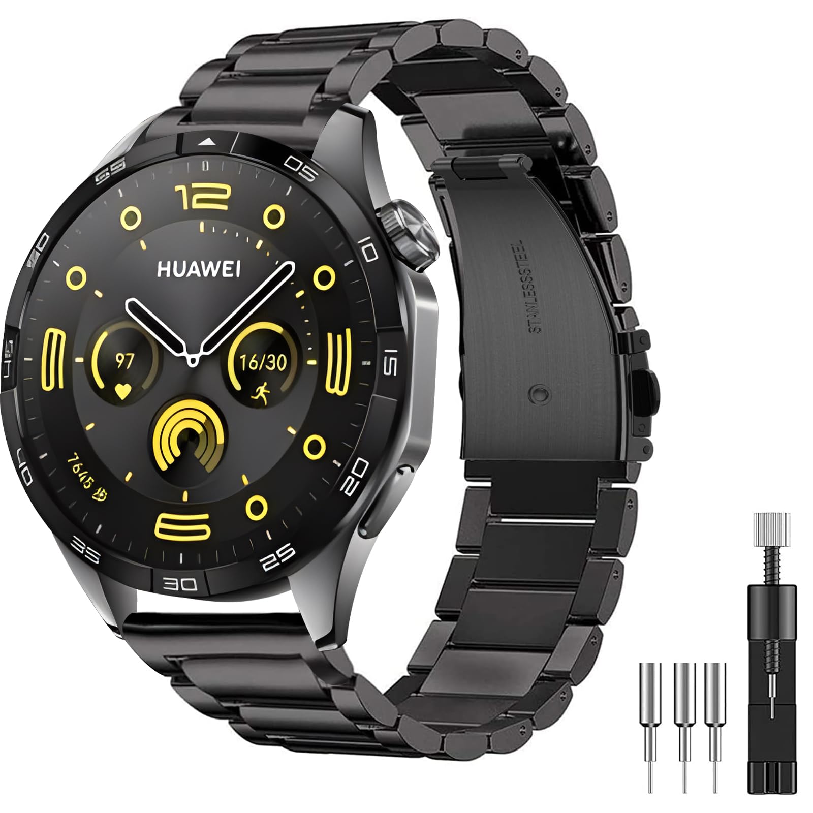 Diruite for Huawei Watch GT 2 (46mm) Strap,22mm Plating Solid Stainless Steel Bracelet Adjustable Straps Replacement Wrist for Huawei Bands - Black